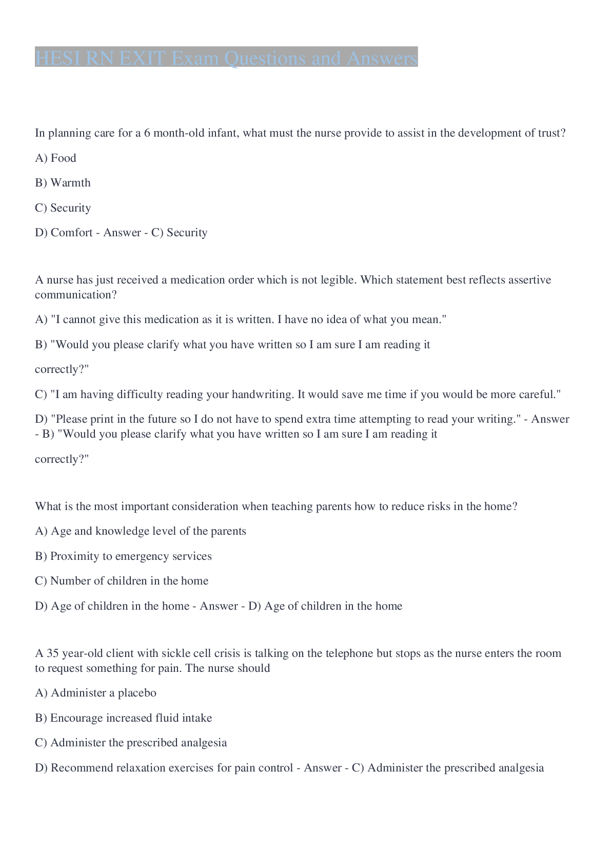 Preview image for HESI RN EXIT Exam Questions and Answers